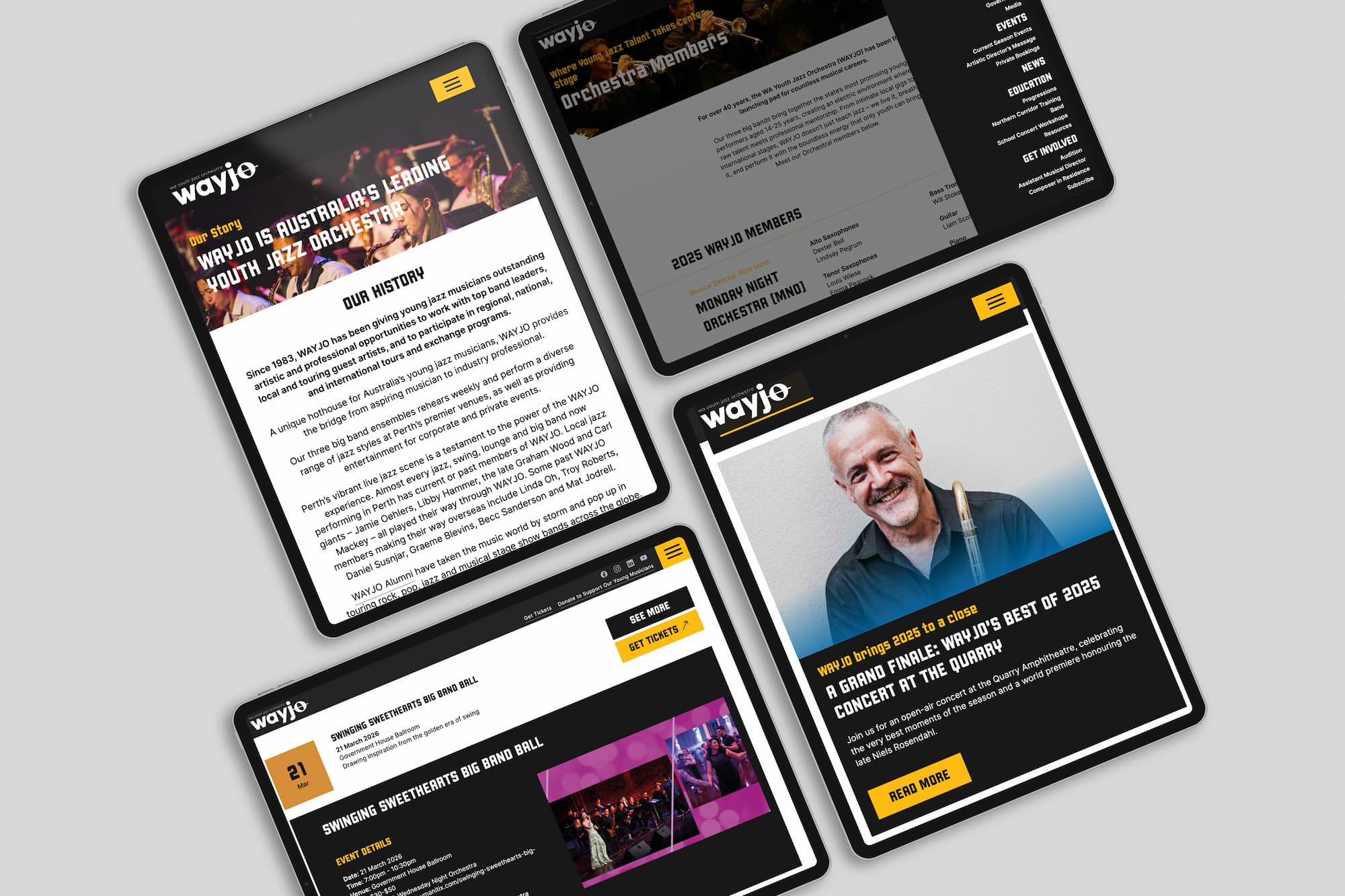 WAYJO website displayed across multiple tablet devices showing responsive design