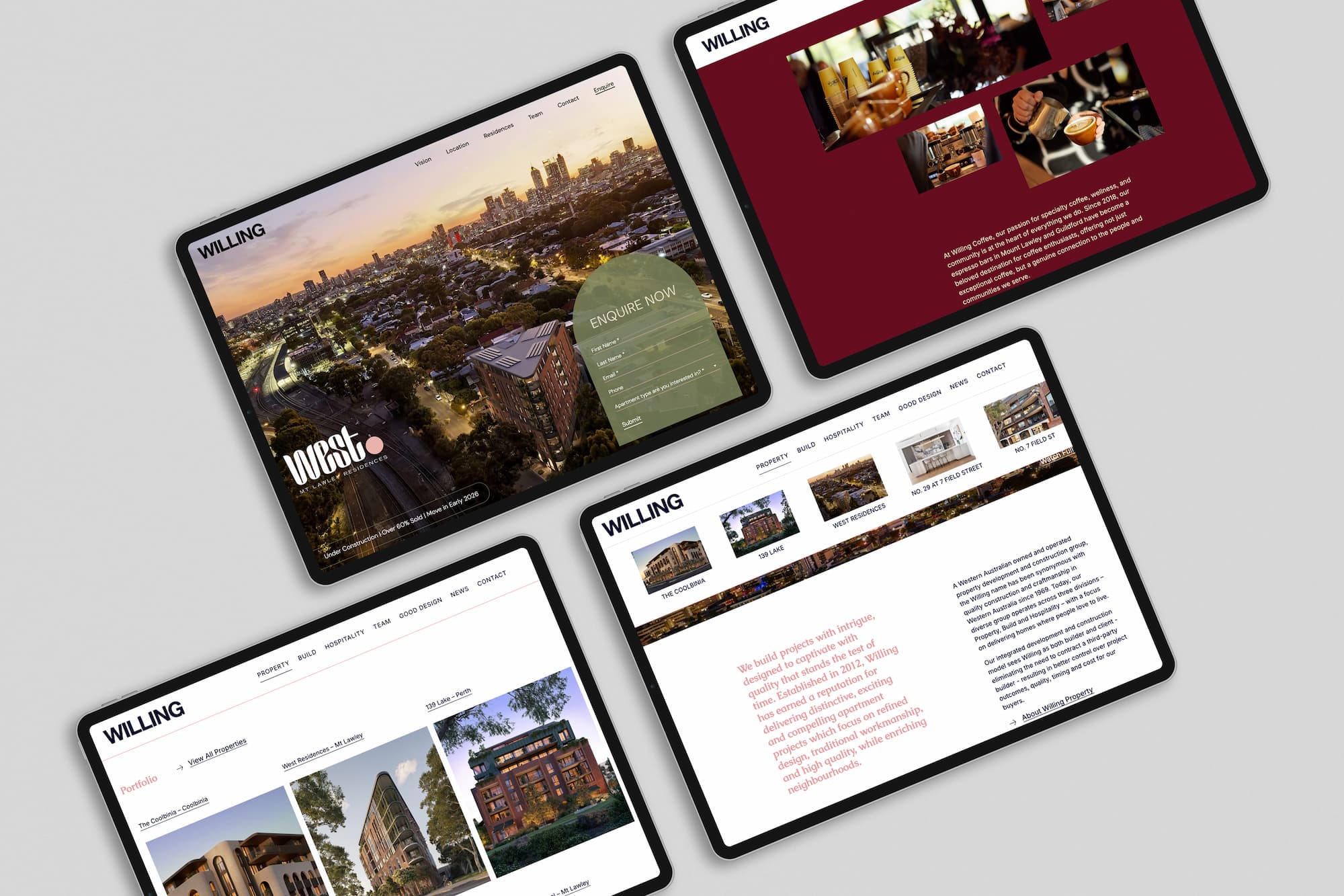 Willing Property website displayed across multiple tablet devices