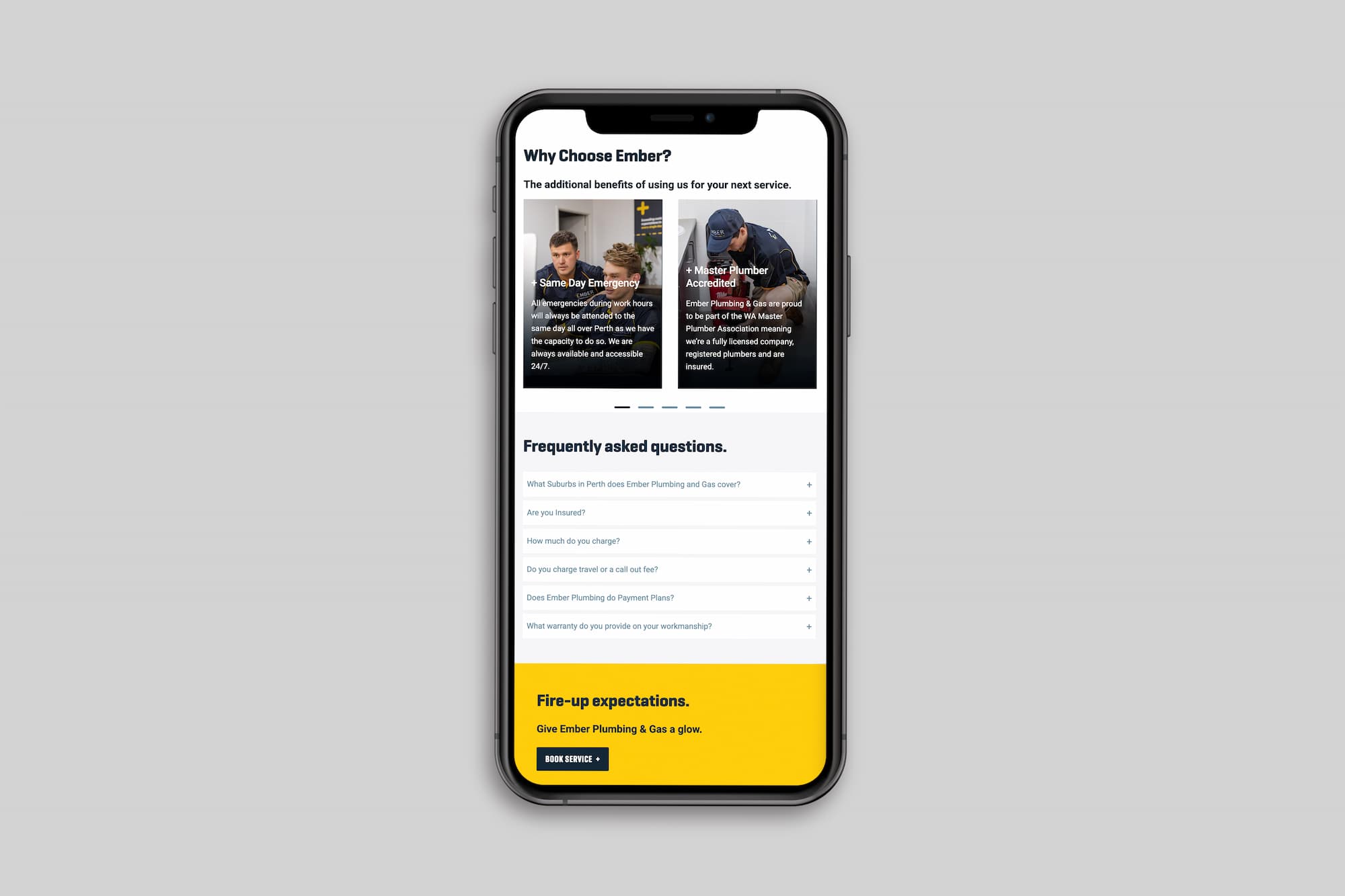 Ember Plumbing and Gas website on mobile showing a secondary page